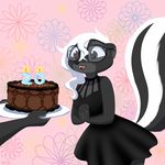  2017 anthro brown_eyes cake candle clasped_hands clothed clothing cute_fangs diana_rayablanca disney dress duo eyewear fan_character female food glasses holding_object mammal open_mouth open_smile pattern_background plate signature simple_background skeletonguys-and-ragdolls skunk smile solo_focus zootopia 