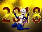  2018 alcohol anthro beverage blue_eyes breasts canine champagne cleavage clothed clothing female hair half-closed_eyes holidays lonbluewolf luu_(lonbluewolf) mammal new_year open_mouth solo tongue white_hair wolf yellow_sclera 