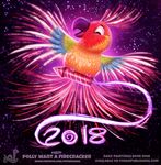  2018 ambiguous_gender avian bird blue_feathers cryptid-creations english_text feathers fiery_feathers firecracker fireworks holidays humor new_year night orange_feathers parrot pun red_feathers star text white_feathers yellow_feathers 