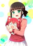  :d bangs black_hair blush blush_stickers bow character_doll commentary_request cropped_jacket doll eyebrows_visible_through_hair green_eyes hair_bow hair_bun hair_up holding holding_doll jacket kurosawa_dia kurosawa_ruby long_sleeves looking_at_viewer love_live! love_live!_sunshine!! mole mole_under_mouth nesoberi o_o open_mouth pink_jacket red_hair red_shirt shirt skirt smile solo tekehiro two_side_up white_bow white_skirt 