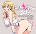  2018 ass bent_over black_panties blonde_hair breasts check_commentary commentary commentary_request english green_eyes happy happy_new_year large_breasts long_hair new_year panties pun solo suzutsuki_kurara translated two_side_up underwear wrist_cuffs 