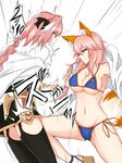  1girl animal_ears armpits astolfo_(fate) bare_shoulders bikini black_bow blue_bikini bow braid breasts cameltoe commentary_request constricted_pupils crotch_kick emphasis_lines fate/grand_order fate_(series) fox_ears fox_tail garter_straps hair_bow large_breasts looking_at_another medium_hair midriff multicolored_hair otoko_no_ko pink_hair piro_(iiiiiiiiii) ponytail simple_background smile streaked_hair swimsuit tail tamamo_(fate)_(all) tamamo_no_mae_(fate) tamamo_no_mae_(swimsuit_lancer)_(fate) thighhighs white_background white_coat white_hair yellow_eyes zettai_ryouiki 