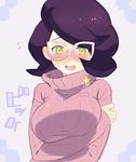  1girl artist_request blush green_eyes pokemon purple_hair sweater wicke_(pokemon) 