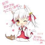  2018 ;d ahoge animal animal_ears bangs bell blush brown_eyes cat_ears cat_girl cat_tail chibi chinese_zodiac commentary_request cup dog eyebrows_visible_through_hair fang green_tea hair_bell hair_between_eyes hair_ornament hair_ribbon hairclip hakama happy_new_year head_tilt heart heart_ahoge holding holding_cup japanese_clothes jingle_bell long_sleeves looking_at_viewer lying miko new_year no_shoes on_stomach one_eye_closed open_mouth original pantyhose paw_print red_hakama red_ribbon ribbon ribbon-trimmed_sleeves ribbon_trim short_hair sitting smile solo tail tea translation_request twintails white_background white_hair white_legwear wide_sleeves xiaosamiao year_of_the_dog yokozuwari yunomi 