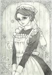  apron closed_mouth dress emma_(victorian_romance_emma) frame frilled_apron frills glasses grey greyscale hair_up highres light_smile long_sleeves maid maid_headdress monochrome outside_border puffy_long_sleeves puffy_sleeves sayococco solo traditional_media v_arms victorian victorian_maid victorian_romance_emma watercolor_(medium) 