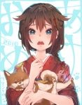  2018 akeome alternate_costume animal bangs blue_eyes blush braid brown_hair chinese_zodiac cointreau dog hair_flaps hair_ornament hair_ribbon hairpin happy_new_year holding holding_animal japanese_clothes kantai_collection kimono lips long_hair looking_at_viewer new_year open_mouth remodel_(kantai_collection) ribbon round_teeth shigure_(kantai_collection) single_braid solo tearing_up tears teeth tongue tongue_out upper_body year_of_the_dog 