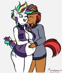  2017 anthro anthrofied belly big_breasts breasts cutie_mark duo earth_pony equine fedora female flower friendship_is_magic fur furgonomics furry-specific_piercing hair hand_on_stomach hat horn horn_piercing horse male mammal marukomuru multicolored_hair my_little_pony navel nuzzling open_mouth orange_fur piercing plant pony pregnant raripunk rarity_(mlp) red_hair sketch sourpuss_(mlp) unicorn white_fur 