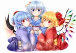  :3 alternate_costume bat_wings black_wings blonde_hair blue_eyes blue_hair bow braid commentary_request flandre_scarlet floral_print flower green_bow hair_bow hair_flower hair_ornament highres izayoi_sakuya japanese_clothes kimono looking_at_viewer m9kndi multiple_girls nail_polish new_year obi pointy_ears red_eyes red_flower red_nails remilia_scarlet sash short_hair siblings silver_hair simple_background sisters smile touhou twin_braids upper_body white_background wings 