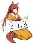  2018 :3 :d animal_ears bangs blush brown_hair chinese_zodiac commentary dog_ears dog_tail eyebrows_visible_through_hair full_body hair_between_eyes hair_ornament hairpin highres holding japanese_clothes kawakami_kazuko kemonomimi_mode kimono long_hair long_sleeves looking_at_viewer maji_de_watashi_ni_koi_shinasai! new_year obi open_mouth otxoa60 pinky_out ponytail sash seiza sign simple_background sitting sketch smile solo tail white_background year_of_the_dog yellow_kimono 