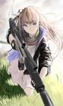 ar-15 assault_rifle bangs blue_eyes brown_hair closed_mouth cloud cloudy_sky dress expressionless eyebrows_visible_through_hair fingerless_gloves floating_hair girls_frontline gloves grass gun hair_ornament headphones headphones_around_neck highres holding holding_gun holding_weapon jacket long_hair looking_at_viewer military multicolored_hair one_side_up pink_hair rifle running scarf scope skirt sky solo st_ar-15_(girls_frontline) stanag_magazine streaked_hair tall_grass thighhighs trigger_discipline tsubaki_(yi) weapon wind 