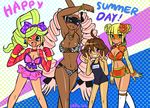  alto_(ezstrongs) arms_(game) beanie bikini blonde_hair blue_eyes dark_skin domino_mask drill_hair earrings green_eyes hat jewelry lips long_hair looking_at_viewer mask mechanica_(arms) min_min_(arms) multiple_girls one-piece_swimsuit pink_hair ponytail ribbon_girl_(arms) ribbon_hair short_hair smile swimsuit twin_drills twintails twintelle_(arms) very_long_hair 