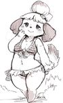  1girl alternate_costume animal_ears bell bikini blush breasts dog_ears dog_tail doubutsu_no_mori female frilled_bikini frills front-tie_bikini front-tie_top full_body furry greyscale hair_bell hair_tie half-closed_eyes hand_to_own_face hand_up happy looking_at_viewer monochrome navel no_humans outdoors setouchi_kurage shizue_(doubutsu_no_mori) short_hair side-tie_bikini simple_background sketch small_breasts smile solo standing swimsuit tail tied_hair white_background wide_hips 