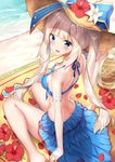  arm_garter beach blue_eyes blue_swimsuit blush breasts day fate/grand_order fate_(series) flower hat hat_flower long_hair looking_at_viewer looking_back marie_antoinette_(fate/grand_order) medium_breasts petals rong_yi_tan sand sitting solo straw_hat sun_hat swimsuit twintails wariza white_background white_hair 