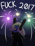  2017 2018 :3 anthro bangs big_breasts breasts cleavage clothed clothing english_text eyelashes eyes_closed female floppy_ears hair happy hi_res holidays huge_breasts lagomorph limebreaker long_hair mammal new_year night outside rabbit text white_hair 
