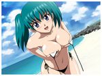  00s artist_request beach bikini blue_eyes blush breasts cleavage green_hair honjou_mikaze stratos_4 swimsuit 
