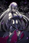  ahoge black_background breasts chain cleavage famepeera fate/grand_order fate_(series) flower gauntlets headpiece jeanne_d'arc_(alter)_(fate) jeanne_d'arc_(fate)_(all) long_hair looking_at_viewer medium_breasts navel parted_lips silver_hair smile solo sword weapon white_flower yellow_eyes 