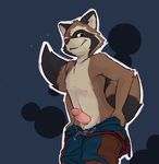  2018 anthro balls clothed clothing erection guardians_of_the_galaxy humanoid_penis looking_at_viewer male mammal marvel pants partially_clothed penis precum procyonid raccoon rocket_raccoon solo standing tash0 topless 