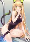 absurdres animal_ears arm_support armpit_crease bangs bare_arms black_leotard black_swimsuit blonde_hair blush bow breasts brown_hair cat_ear_headphones cat_ears cat_tail commentary drain_(object) eyebrows_visible_through_hair fpanda girls_frontline green_bow green_eyes green_ribbon hand_to_own_mouth headphones highleg highleg_panties highres leaning_to_the_side leotard long_hair looking_at_viewer medium_breasts navel one-piece_swimsuit panties pool pool_ladder ribbon sidelocks sitting solo swimsuit tail thigh_strap thighs tmp_(girls_frontline) underwear very_long_hair 