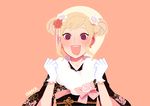 :d blonde_hair commentary double_bun elise_(fire_emblem_if) english_commentary fire_emblem fire_emblem_if flower_knot gloves hair_ornament japanese_clothes kanzashi kimono looking_at_viewer new_year no_lineart ohprcr open_mouth signature simple_background smile solo upper_body white_gloves 