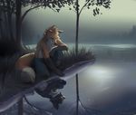  2018 anthro black_fur canine clothing day detailed_background digital_drawing_(artwork) digital_media_(artwork) fox fur grass koul male mammal orange_fur outside reflection water 