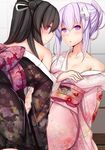  bare_shoulders black_hair black_kimono blush breasts collarbone commentary_request d-pad d-pad_hair_ornament daiaru floral_print hair_ornament hair_ribbon japanese_clothes kimono kimono_pull long_hair looking_at_viewer looking_back multiple_girls nepgear neptune_(series) off_shoulder open_mouth pink_kimono pulling purple_eyes purple_hair red_eyes ribbon small_breasts smile tied_hair uni_(choujigen_game_neptune) 