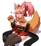  @_@ animal_ears bare_shoulders bell bell_collar black_legwear blush_stickers bow breasts cat_paws collar detached_sleeves fangs fate/grand_order fate_(series) fox_ears fox_tail gloves hair_bow hair_ribbon highres japanese_clothes jingle_bell large_breasts long_hair narynn open_mouth paw_gloves paws pink_hair ponytail ribbon simple_background sitting solo tail tamamo_(fate)_(all) tamamo_cat_(fate) thighhighs white_background yellow_eyes 