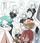  androgynous black_neckwear black_shorts closed_eyes diamond_(houseki_no_kuni) elbow_gloves gem_uniform_(houseki_no_kuni) gloves green_eyes green_hair hair_over_eyes hidden_eyes houseki_no_kuni long_hair multiple_others multiple_views nail_polish necktie phosphophyllite red_eyes red_hair shinsha_(houseki_no_kuni) shirt short_hair short_sleeves shorts shumiko_(kamenokoueki) smile thighhighs translation_request ventricosus white_gloves white_legwear white_shirt 