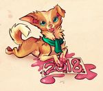  2018 ambiguous_gender brown_fur canine dog fur green_eyes holidays mammal new_year pink_background scarf sign simple_background tan_fur tongue tongue_out zenirix 