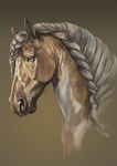  ambiguous_gender blonde_hair blue_eyes braided_hair clothed clothing equine feral fur gradient_background hair horse mammal palomino piebald portrait rear_view simple_background solo templado topless yellow_fur 