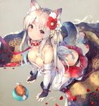  2018 all_fours animal_ears ass azur_lane bandages bangs bare_shoulders blush breasts cleavage collar commentary_request deecha eyebrows floral_print flower food hair_flower hair_ornament highres japanese_clothes long_hair looking_at_viewer medium_breasts red_eyes sarashi signature silver_hair solo tail tassel white_legwear yuudachi_(azur_lane) 