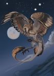  ambiguous_gender avian beak bird brown_feathers claws clounds detailed_background duo feathered_wings feathers feral flying hybrid moon night outside owl riding saddle sky sleeveless_shirt spread_wings tail_feathers templado tufted_tail white_feathered white_feathers wings yellow_eyes 