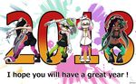  2018 4girls ankle_boots aori_(splatoon) arms_up artist_name black_dress black_footwear black_gloves black_hair black_jumpsuit black_shirt black_shorts black_skin boots breasts brown_eyes cleavage closed_mouth commentary_request cousins crop_top crown dark_skin detached_collar domino_mask dress earrings english eyebrows_visible_through_hair fingerless_gloves food food_on_head gloves green_eyes green_legwear grey_hair hands_together headwear_removed highlights hime_(splatoon) hotaru_(splatoon) iida_(splatoon) jewelry large_breasts leaning_forward leaning_to_the_side long_hair looking_at_viewer mask medium_breasts midriff mole mole_under_eye mole_under_mouth multicolored_hair multiple_girls navel new_year object_on_head octarian open_mouth paint_splatter pantyhose pantyhose_under_shorts pointy_ears pose purple_legwear shirt short_dress short_hair short_jumpsuit shorts signature sleeveless sleeveless_dress smile splatoon_(series) splatoon_1 splatoon_2 squatting standing strapless strapless_dress sushi sweatdrop tentacle_hair usa_(dai9c_carnival) watermark white_dress white_footwear white_gloves white_hair zipper_pull_tab 
