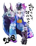 1girl 2018 blue_eyes hair_flower hooves kimono kindred lamb_(league_of_legends) league_of_legends no_humans white_hair wolf_(league_of_legends) 