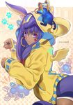  animal_ears aora dark_skin earrings fate/grand_order fate_(series) hairband hood hoodie jackal_ears jewelry long_hair looking_at_viewer nitocris_(fate/grand_order) paw_pose purple_eyes purple_hair sphinx_awlad 