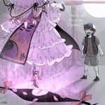  1girl artist_name blonde_hair brown_eyes brown_hair commentary crossover dipper_pines dress english gap gravity_falls hat kuroha_ai long_hair moon moonlight parasol tabard torii touhou umbrella vest white_dress yakumo_yukari 