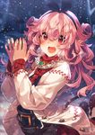  :d belt black_hairband blush bow hairband highres long_hair long_sleeves looking_at_viewer narumi_arata open_mouth original pink_hair pointy_ears recri red_eyes revision smile snow solo tail 