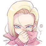  android_18 artist_name blonde_hair blue_eyes blush dragon_ball dragon_ball_super dragon_ball_z earrings forehead highres jacket jewelry long_sleeves looking_at_viewer pink_jacket serious short_hair simple_background solo speech_bubble tkgsize translated twitter_username white_background 