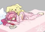  1girl barefoot bed belly doki_doki_literature_club feet natsuki pajamas pillow pink_hair plush 
