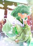  :o animal_ears blue_eyes blush cafe-chan_to_break_time dog_ears dog_girl dog_tail floral_print fox_shadow_puppet fur_collar green_eyes green_kimono japanese_clothes kemonomimi_mode kimono long_sleeves looking_at_viewer midori_(cafe-chan_to_break_time) outdoors parted_lips porurin print_kimono short_hair sidelocks snowing solo tail torii wide_sleeves 