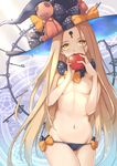  abigail_williams_(fate/grand_order) apple bangs black_bow black_panties blonde_hair bow breasts commentary convenient_arm fate/grand_order fate_(series) food fruit groin hat hat_bow head_tilt holding holding_food holding_fruit key long_hair looking_at_viewer lowleg lowleg_panties magic_circle navel orange_bow panties parted_bangs polka_dot polka_dot_bow red_apple small_breasts sokimi_(sosojovan) solo stuffed_animal stuffed_toy teddy_bear topless underwear underwear_only very_long_hair witch_hat yellow_eyes 