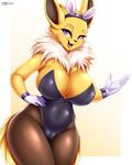  2018 anthro anthrofied big_breasts breasts camel_toe clothed clothing eeveelution female jolteon looking_at_viewer mleonheart neck_tuft nintendo open_mouth pok&eacute;mon pok&eacute;mon_(species) pok&eacute;morph purple_eyes solo tuft video_games 
