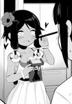  :d bare_shoulders blush bracelet collarbone dark_skin dress eye_contact flower food greyscale hair_flower hair_ornament heart highres holding holding_food jewelry long_hair looking_at_another monochrome multiple_girls open_mouth original pocky sidelocks sleeveless sleeveless_dress smile sweat toy_box-r yuri 