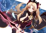  :o bangs black_cape blonde_hair blush bow cape commentary cowboy_shot earrings ereshkigal_(fate/grand_order) eyebrows_visible_through_hair fate/grand_order fate_(series) fur_trim hair_bow hand_up highres holding holding_weapon infinity jewelry leaning_forward looking_at_viewer necklace parted_lips red_eyes shunichi single_thighhigh solo spine sword thighhighs two_side_up weapon 