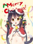 1girl :d animal_ears bangs beige_background bell black_hair blush bow breasts brown_eyes capelet cat_ears cat_girl cat_tail christmas commentary_request eyebrows_visible_through_hair fur-trimmed_capelet fur-trimmed_hat fur_trim hair_bell hair_between_eyes hair_bow hair_ornament hat heart heart_background kutata long_hair merry_christmas navel open_mouth original red_capelet red_hat santa_hat small_breasts smile solo star star_hair_ornament striped striped_bow tail tail_raised tilted_headwear twintails underboob upper_body upper_teeth very_long_hair 