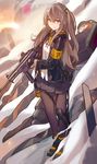  armband bangs brown_hair closed_mouth commentary fingerless_gloves full_body g11_(girls_frontline) girls_frontline gloves gun hair_between_eyes hair_ornament highres jacket long_hair looking_at_viewer ludaf neck_ribbon pantyhose pleated_skirt ribbon scar scar_across_eye shirt skirt smile smoke solo standing submachine_gun twintails ump45_(girls_frontline) weapon white_shirt yellow_eyes 