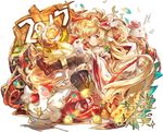  2017 animal_ears bandeau bangs bare_shoulders bird black_legwear blonde_hair blush chicken detached_sleeves feathers granblue_fantasy hair_ornament haku_(sabosoda) harvin long_hair looking_at_viewer mahira_(granblue_fantasy) navel red_eyes rooster solo thighhighs very_long_hair wide_sleeves 