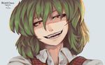  artist_name bangs blizzomos collared_shirt commentary evil_smile eyelashes face fangs green_hair hair_between_eyes half-closed_eyes head_tilt highres kazami_yuuka looking_at_viewer open_mouth plaid plaid_vest red_eyes red_vest shirt short_hair smile solo teeth touhou vest white_shirt wing_collar 
