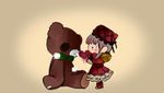  bangs bell blood bow bowtie brown_background closed_mouth dress from_side full_body green_bow green_neckwear grey_hair happy_teddy_bear hat heart holding jingle_bell laetitia_(lobotomy_corporation) lobotomy_corporation long_sleeves looking_at_another penta_(snowbaby1103) red_dress red_eyes red_footwear red_hat short_hair simple_background standing stuffed_animal stuffed_toy stuffing teddy_bear 
