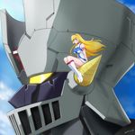 2017 anime_coloring blonde_hair blue_sky boots breasts creator_connection cutie_honey cutie_honey_universe dated day dress hairband haruyama_kazunori impossible_clothes impossible_dress kisaragi_honey large_breasts long_hair mazinger_z mazinger_z:_infinity mazinger_z_(mecha) mecha redesign science_fiction signature sitting sky super_robot thigh_boots thighhighs white_footwear 