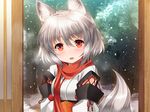  :d ahoge animal_ears blush breath bush door hair_between_eyes inubashiri_momiji japanese_clothes kei_kei kimono open_mouth pom_pom_(clothes) red_eyes red_scarf sash scarf shiny shiny_hair short_hair silver_hair smile snowing solo tail tareme touhou upper_body white_kimono winter wolf_ears wolf_tail 